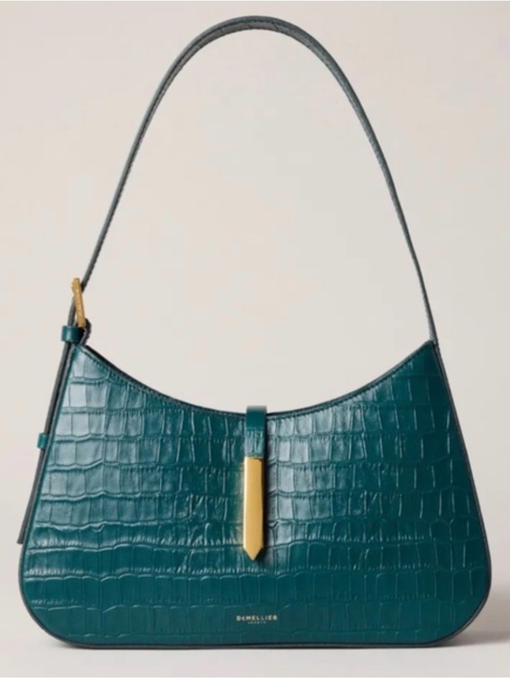 DeMellier Teal Croc-Embossed Tokyo Shoulder Bag with Gold Hardware